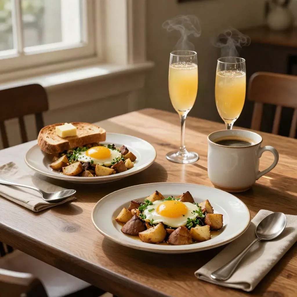 Weekend brunch spread with egg plates, hash, toast, coffee, and mimosas on a walnut pub table