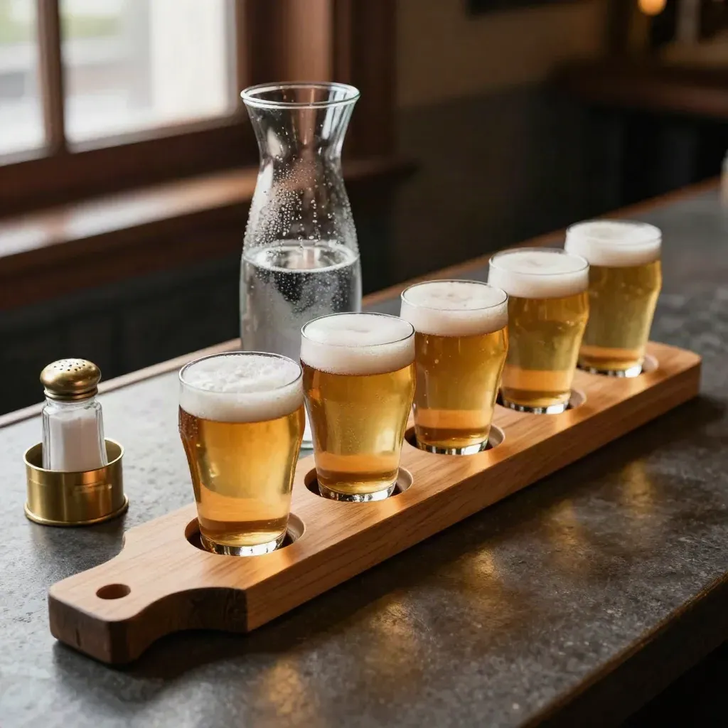 Beer flight with six pours, water carafe, and salt cellar on a dark stone bar.
