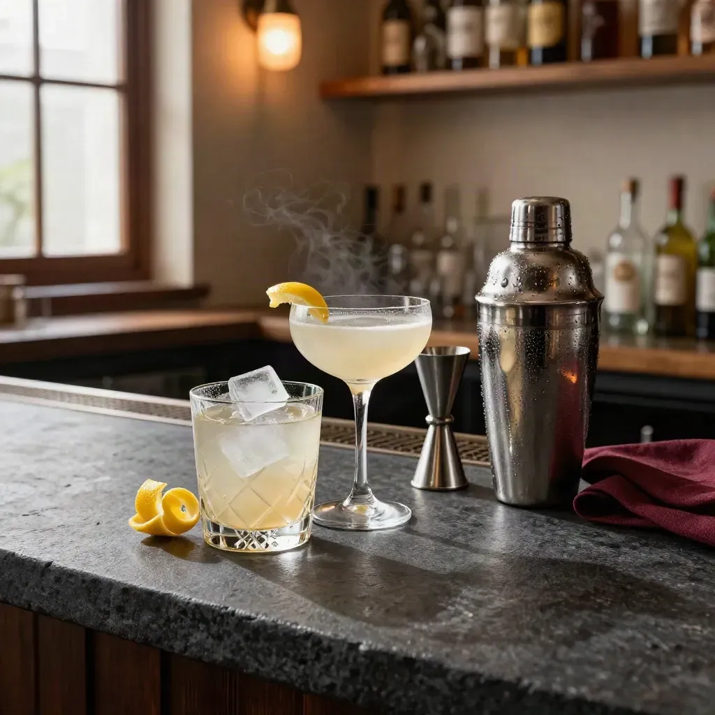 Cocktails on a charcoal stone bar with a rocks pour, coupe, jigger and shaker in warm light.