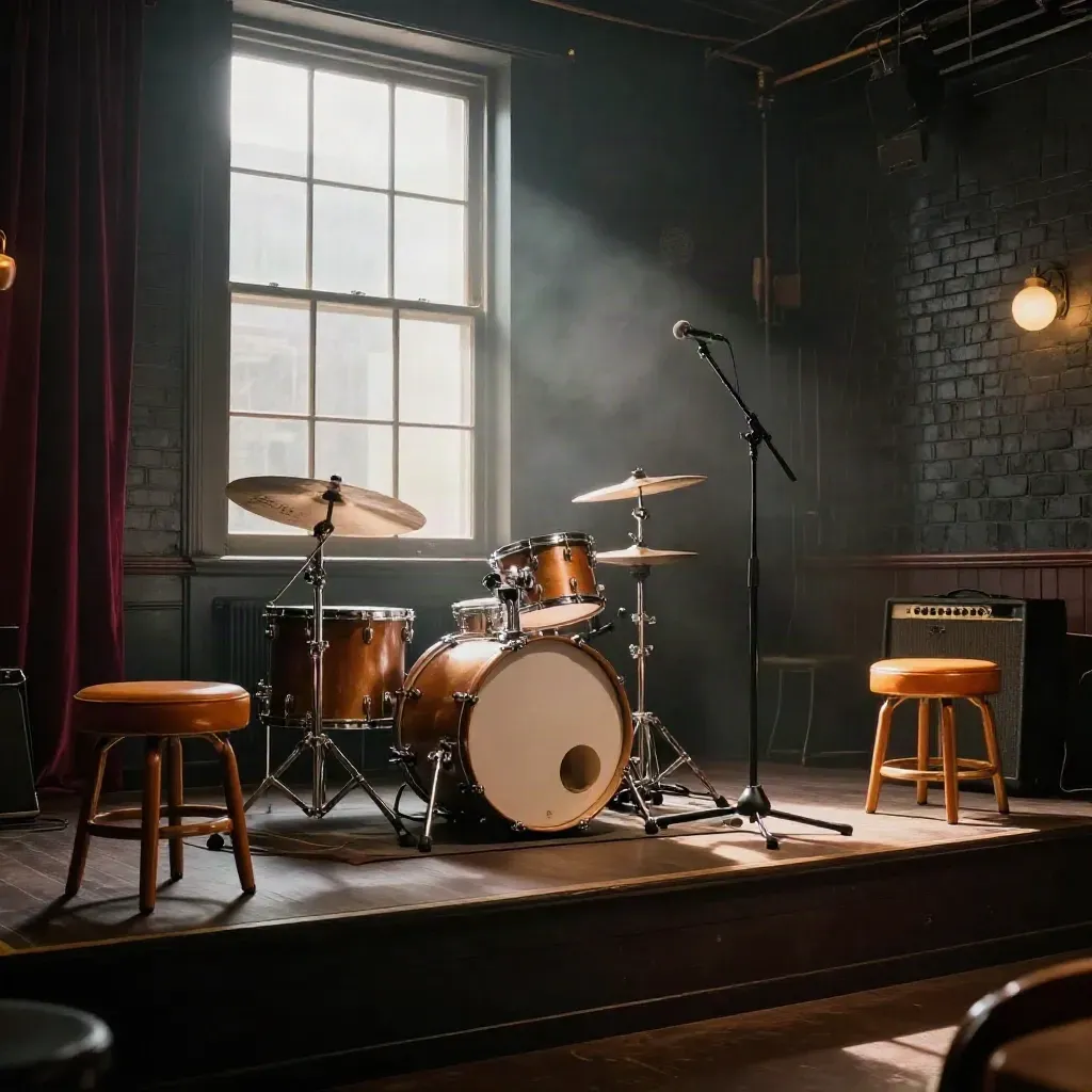 Moody pub stage with microphone stand, drum kit, amp, and glowing stools before a set