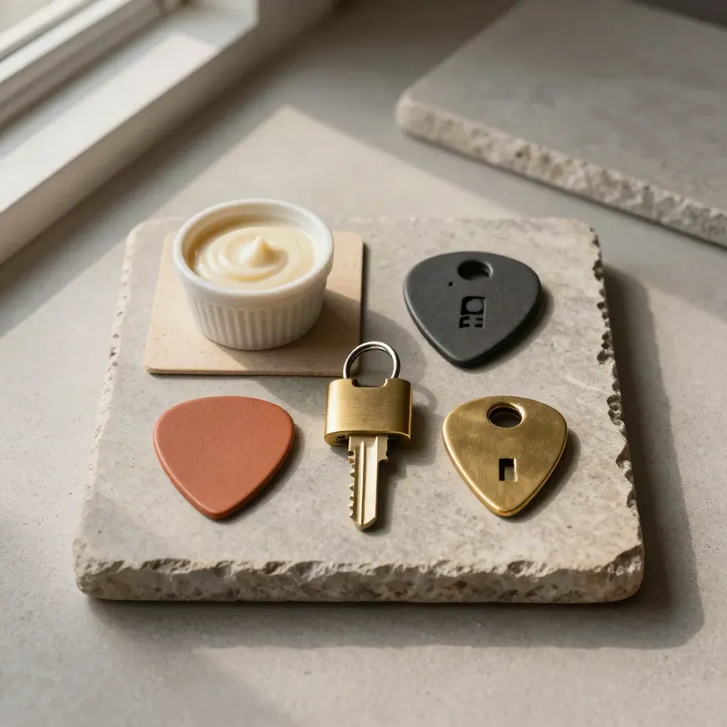 Overhead flatlay of pub night-choice tokens on stone tray: coaster, ramekin, brass fob, mic pick.