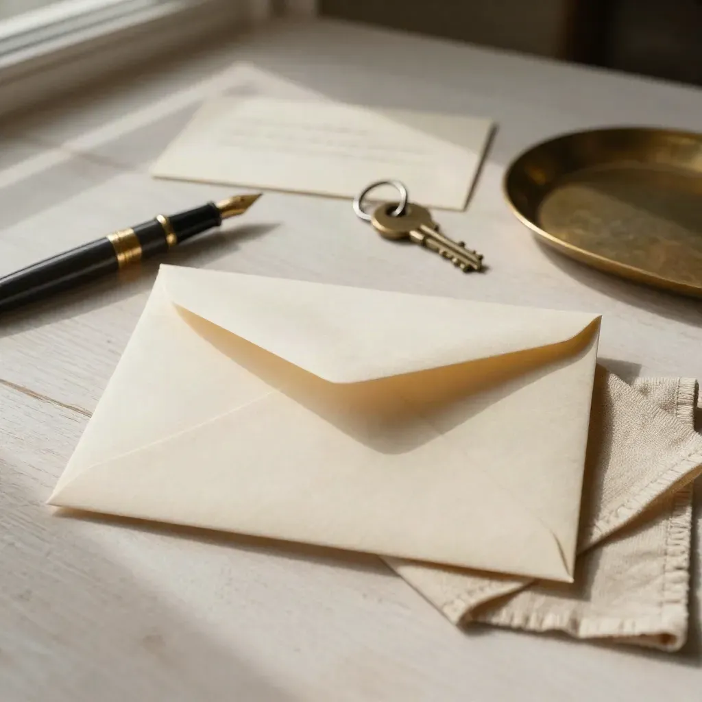 Envelope, keys, pen, and brass tray on pale wood in soft light.